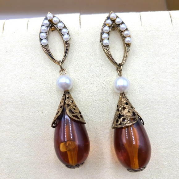 Vintage Orb Dangling Earrings w/ Faux Pearls / Pierced - Picture 1 of 4